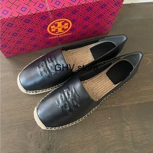 Tory Burch Signature Logo Leather Espadrille Flat Shoes